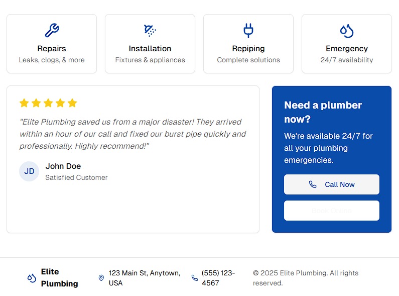 Elite Plumbing services section with customer testimonials