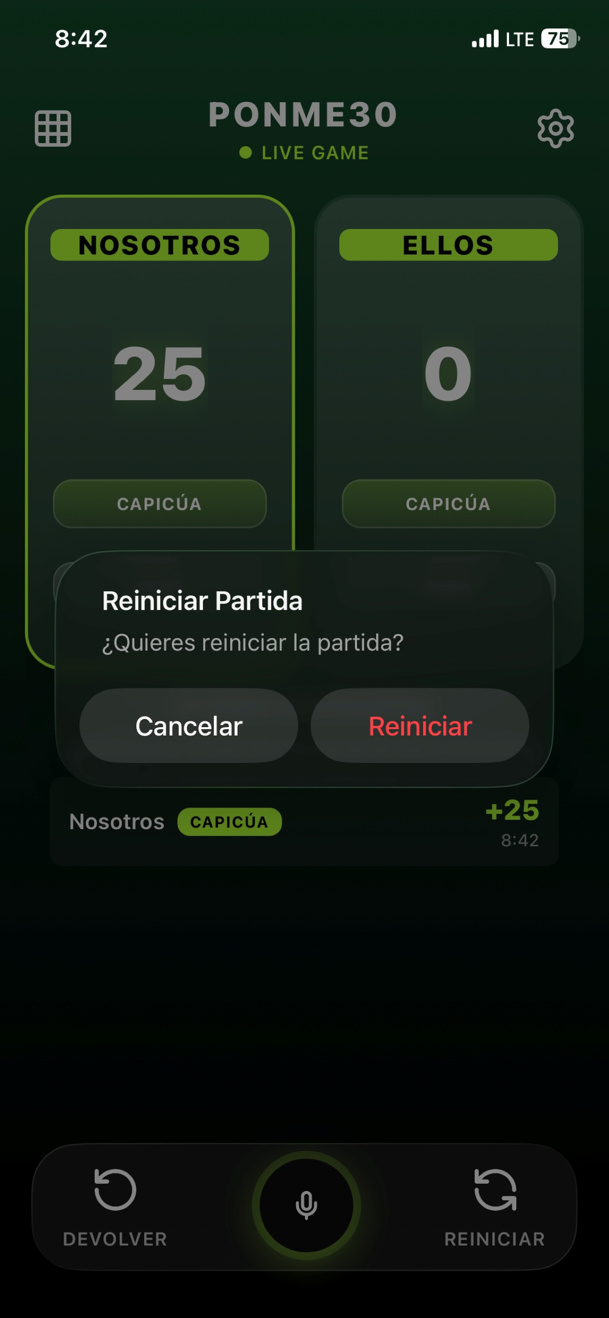 Dialogo de reiniciar partida con opciones cancelar y reiniciar