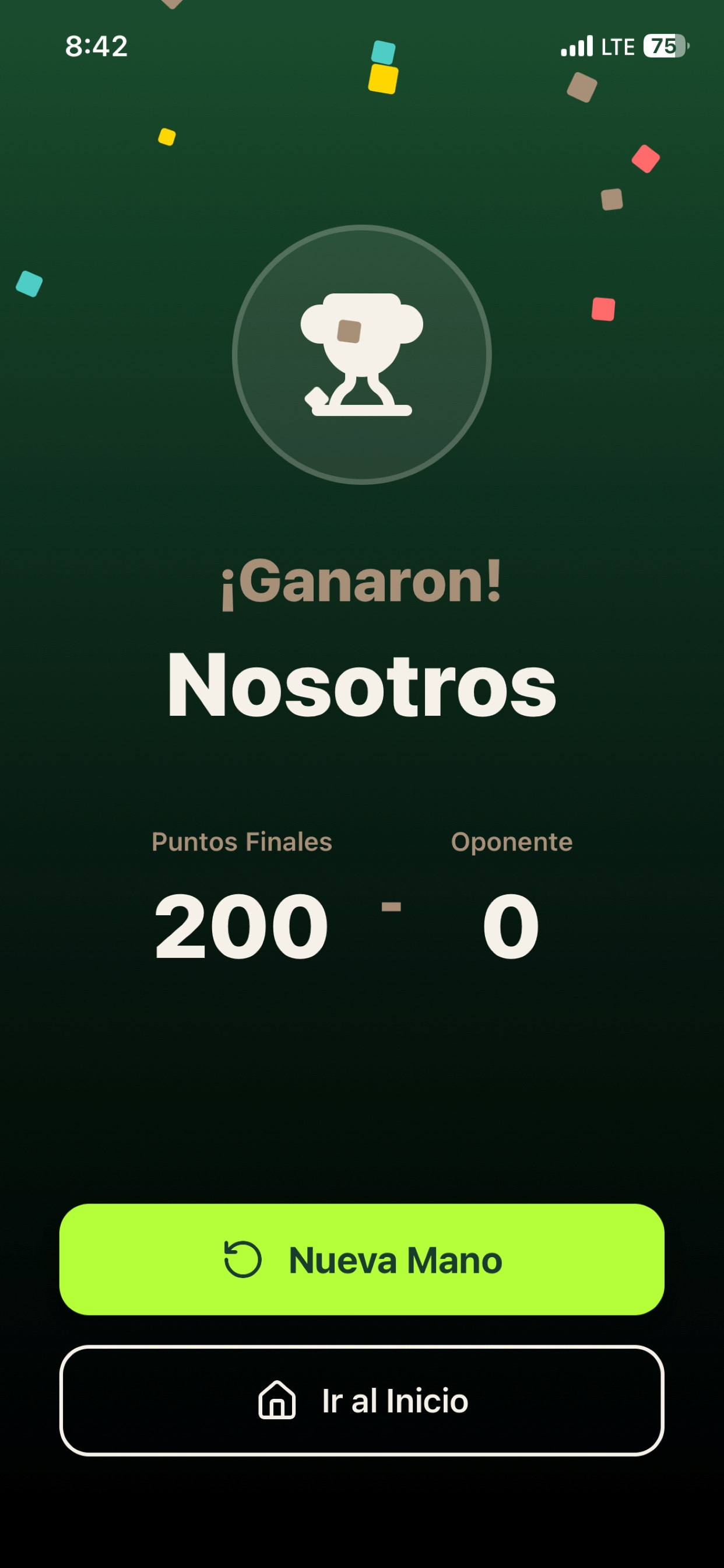 Pantalla de victoria con confeti y puntuacion final 200 a 0