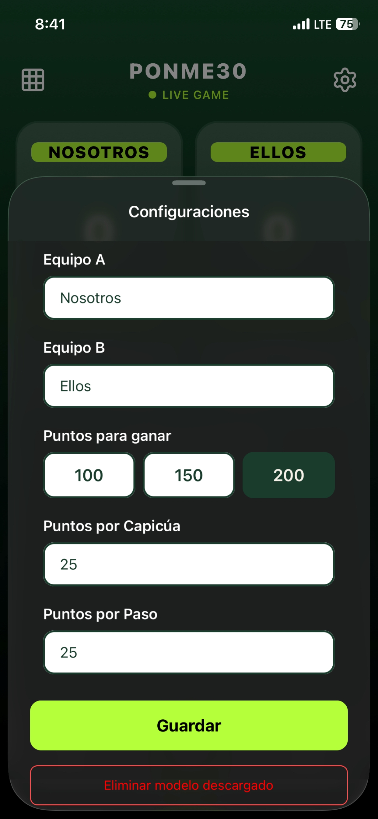 Pantalla de configuraciones con opciones de equipos y puntos