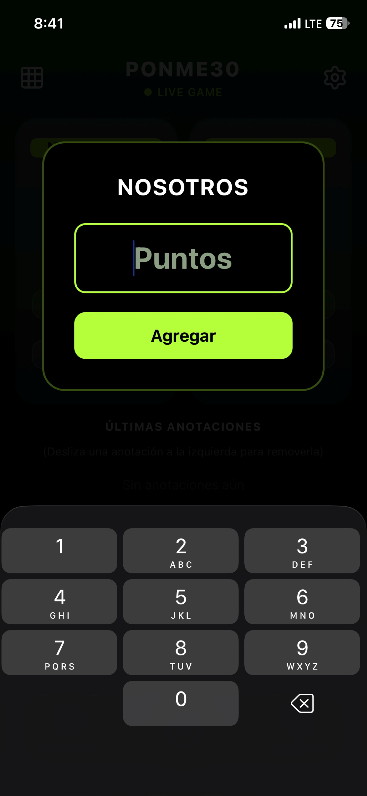 Pantalla de entrada de puntos con teclado numerico