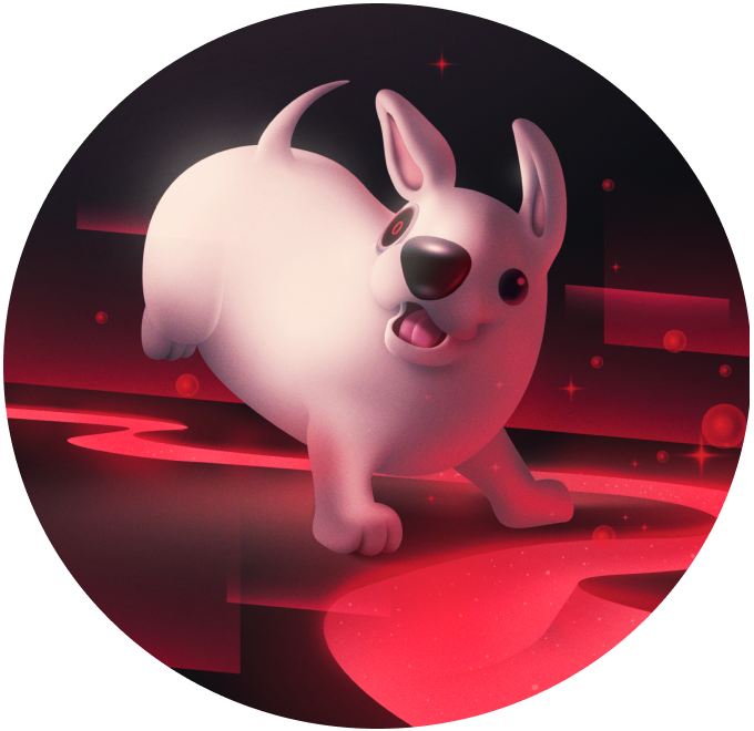 Popdog mascot with red glowing effects