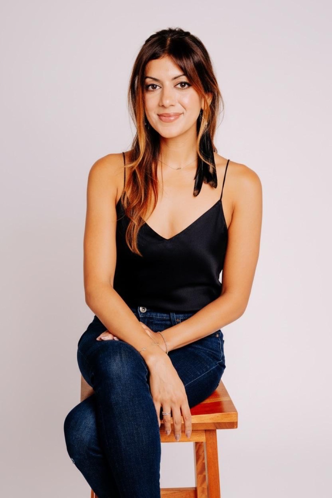 Woman portrait on wooden stool