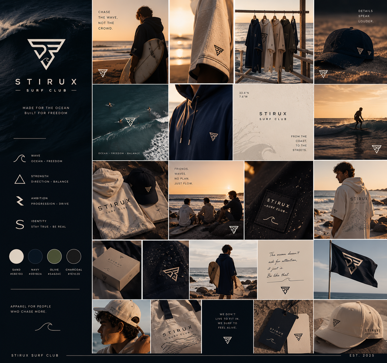 STIRUX SURF CLUB brand moodboard — surfers, hoodies, lifestyle, beach moments