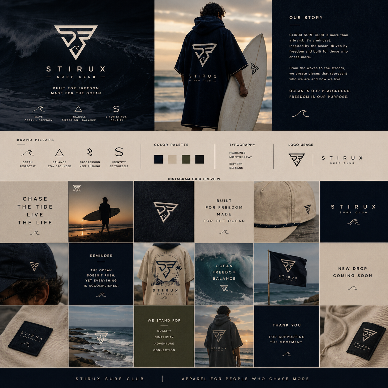 STIRUX Surf Poncho — surfer wearing navy poncho with surfboard at sunset beach