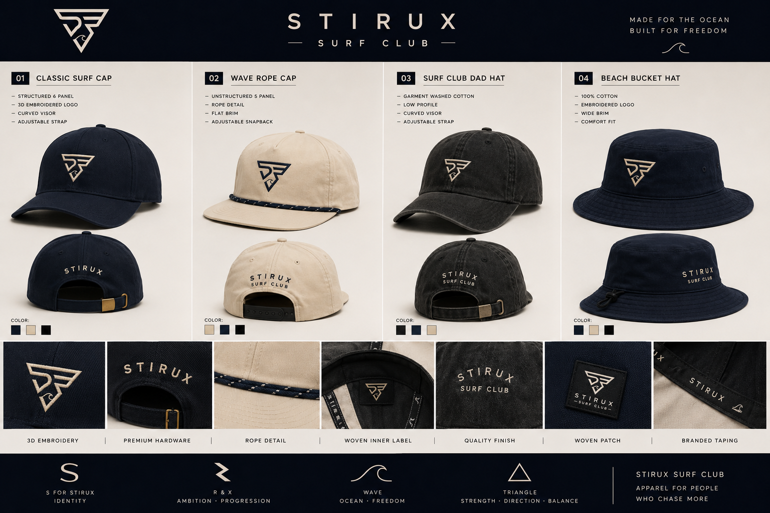 Stirux Surf Club headwear catalog — 4 styles: Classic Surf Cap, Wave Rope Cap, Surf Club Dad Hat, Beach Bucket Hat