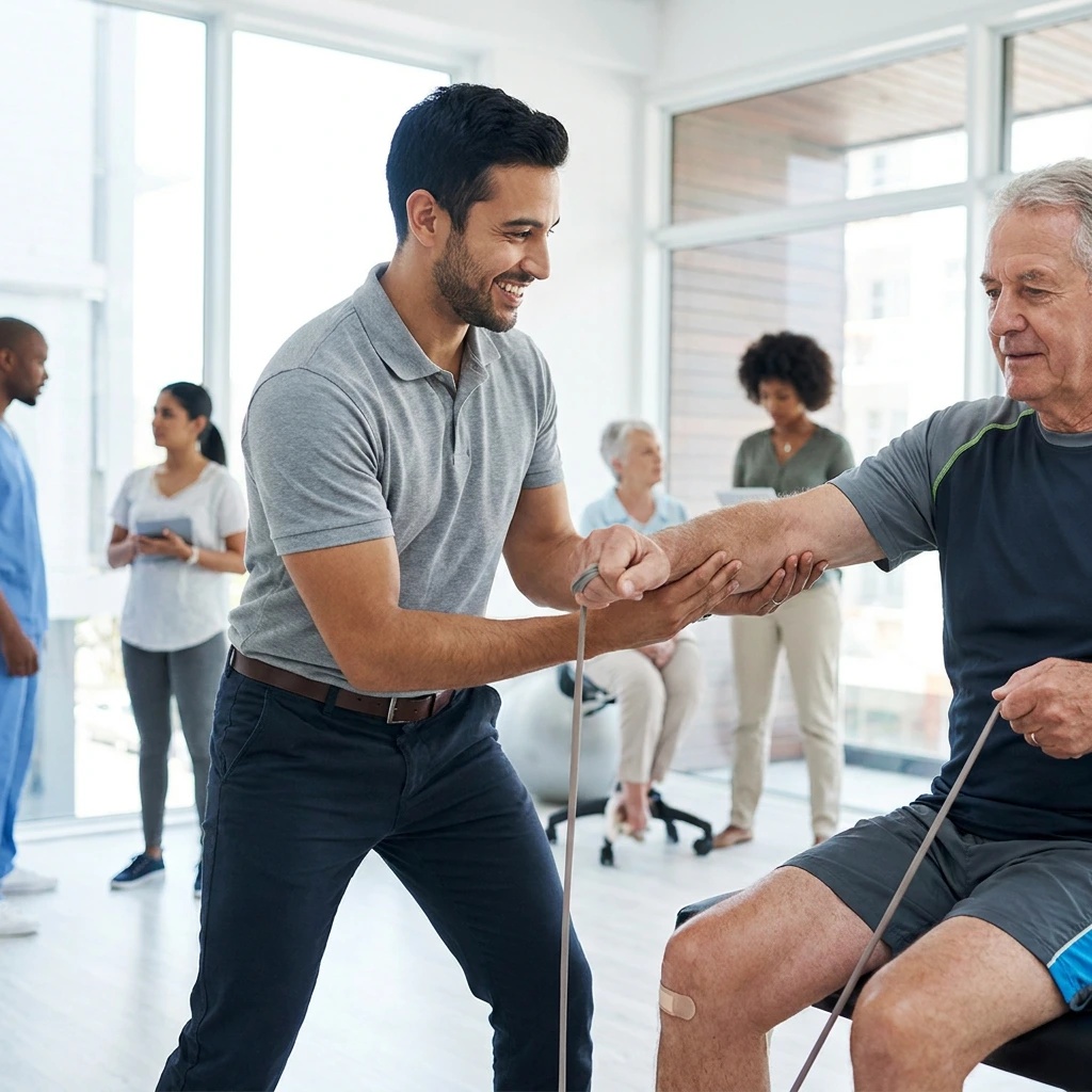 Physical therapist helping patient with post-surgical rehabilitation exercises