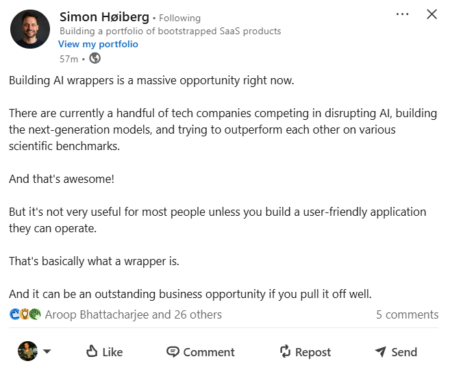 LinkedIn post about AI wrappers business opportunity