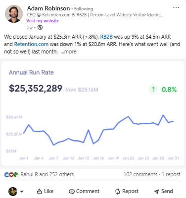 LinkedIn post showing business metrics and growth