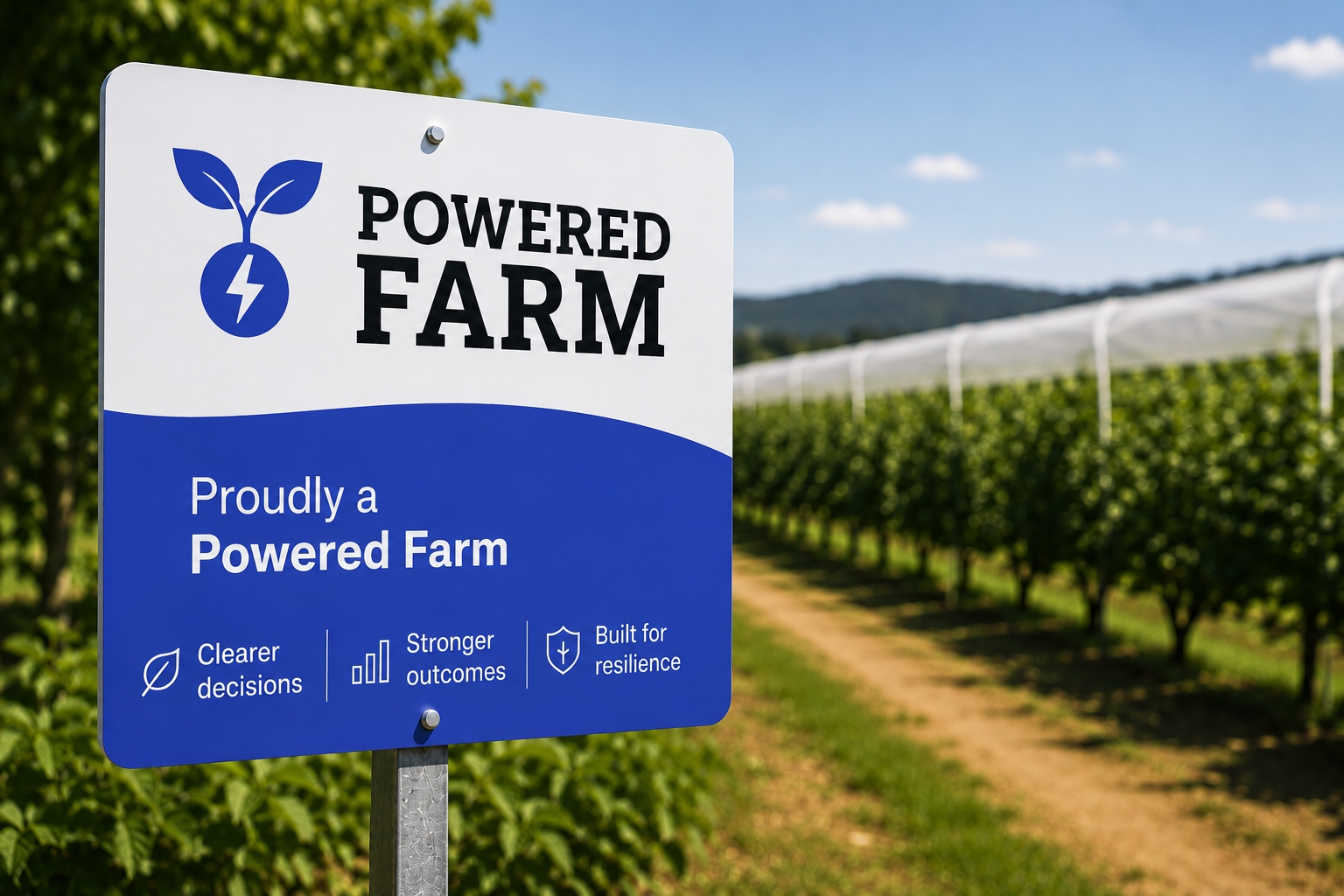 A Powered Farm branded sign standing in a fruit orchard, reading 'Proudly a Powered Farm'