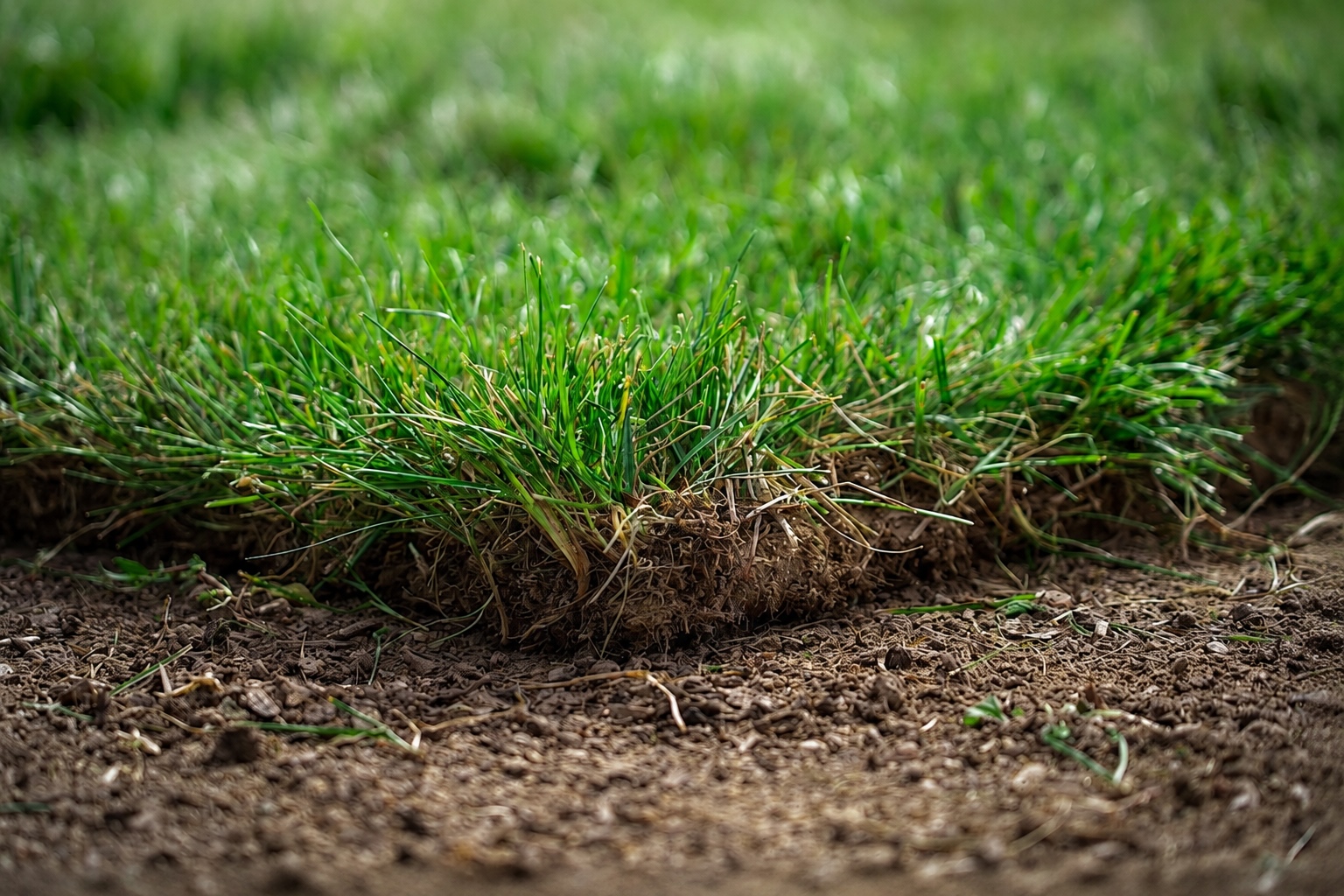 Close-up of turf grass shoots establishing from bare soil on a commercial turf farm