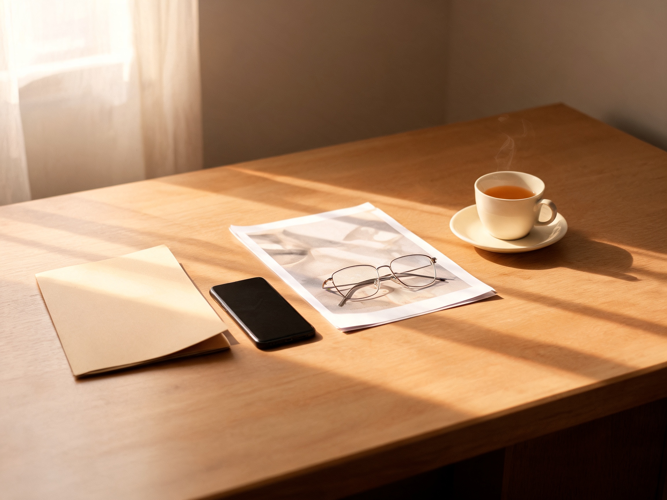 A renewal document and reading glasses resting on a warm desk beside a cup of tea
