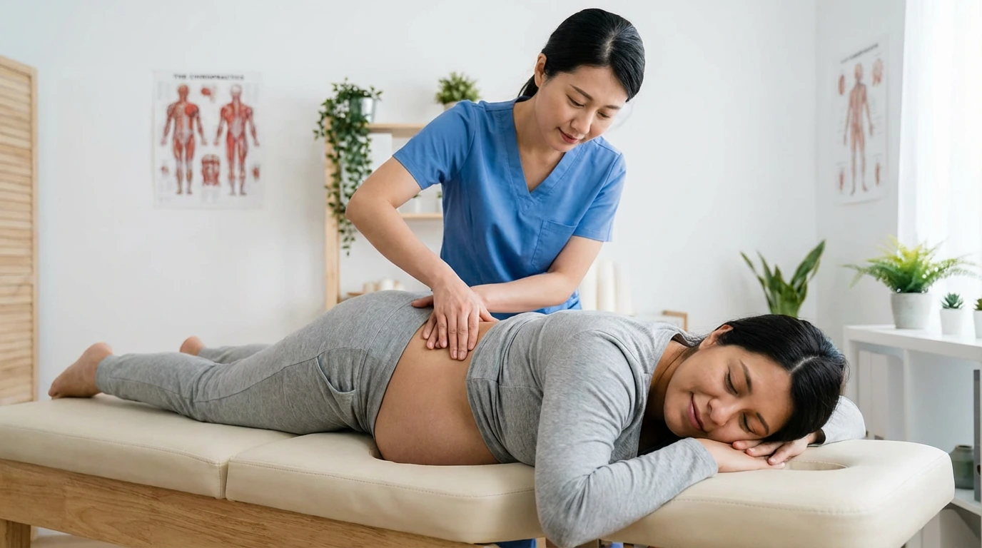 Healthcare provider performing gentle prenatal chiropractic adjustment on expectant mother