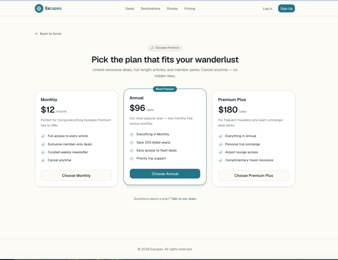 Pricing page with Monthly, Annual, and Premium Plus plans; the Annual plan is marked Most Popular.