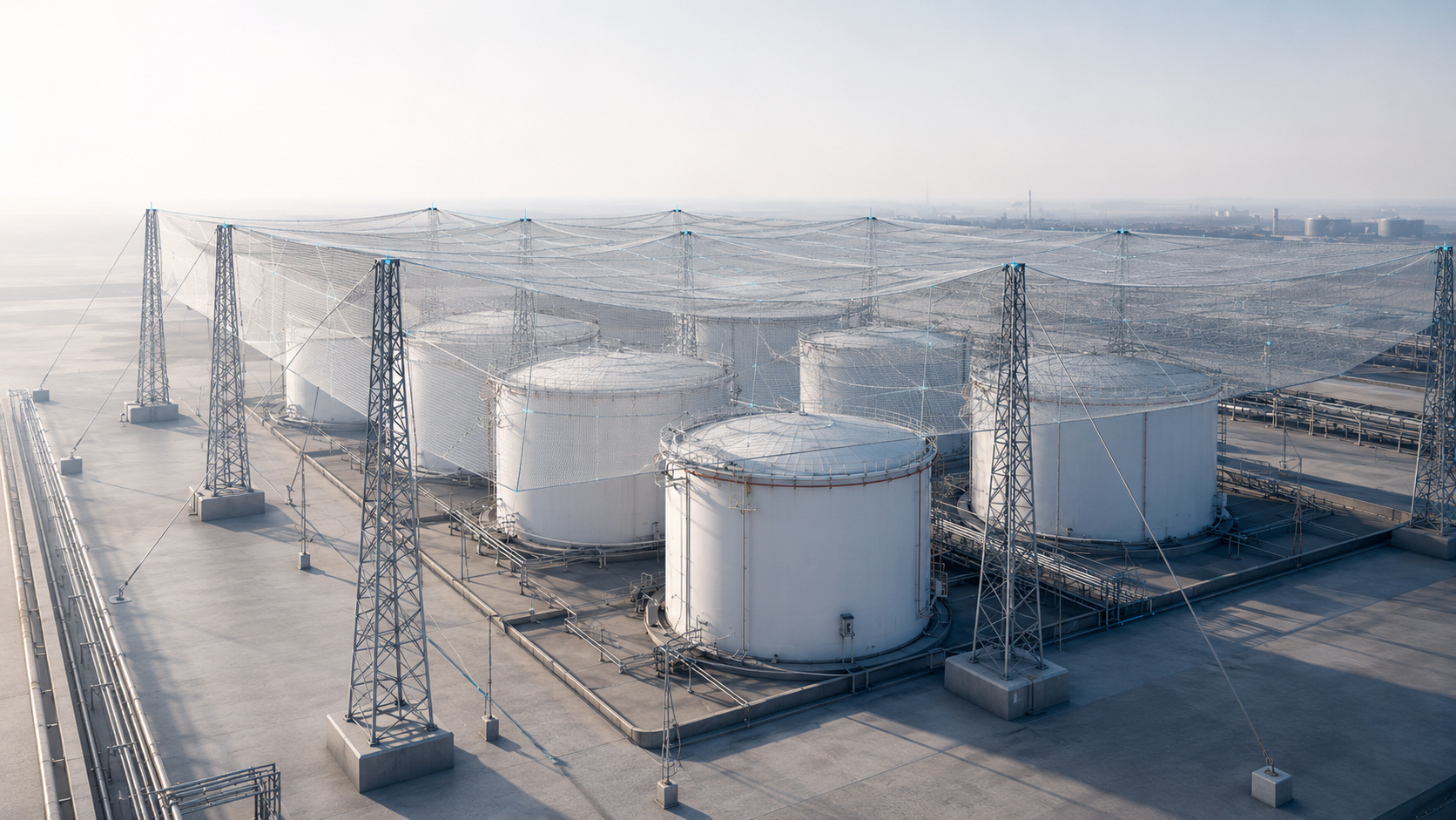 Резервуарный парк с нефтепродуктами под защитой антидроновой системы