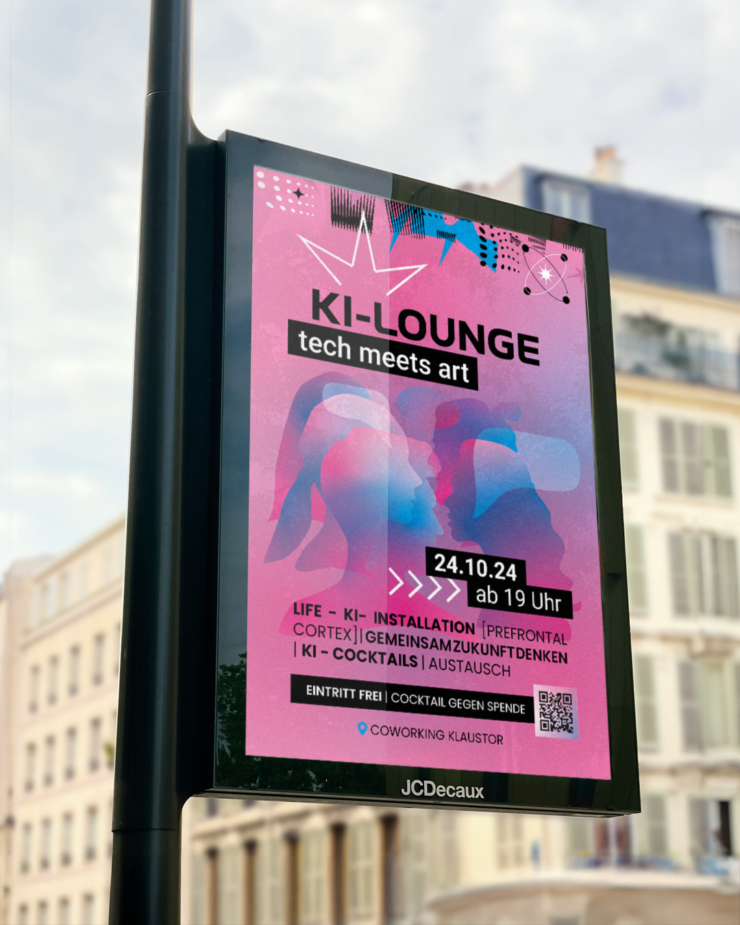 KI-Lounge-Plakat im öffentlichen Raum mit pinkem Motiv und Eventdetails
