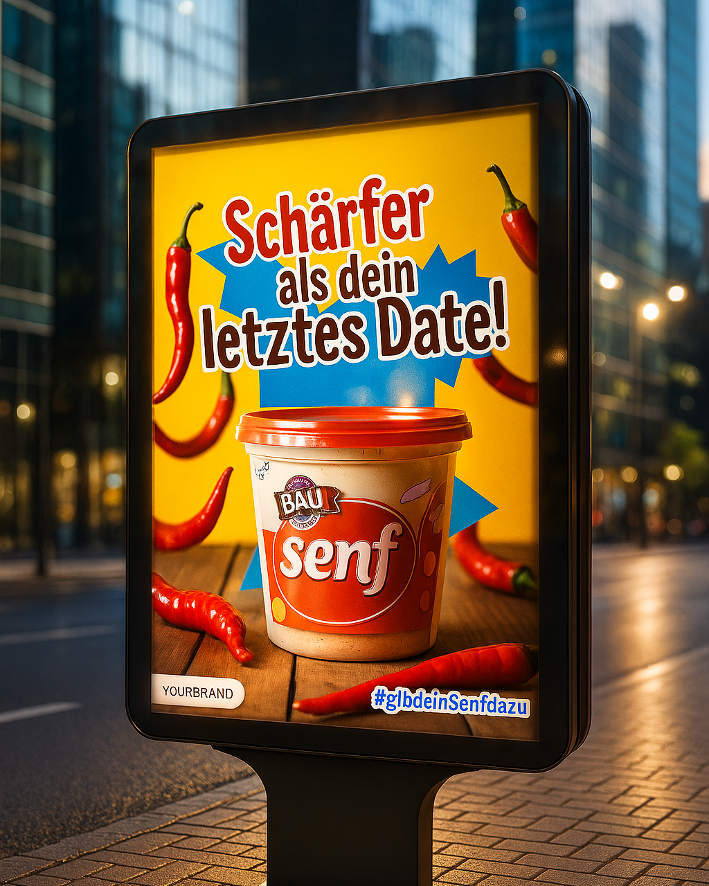 Leuchtendes Senf-Plakat mit dem Spruch ‚Schärfer als dein letztes Date!‘