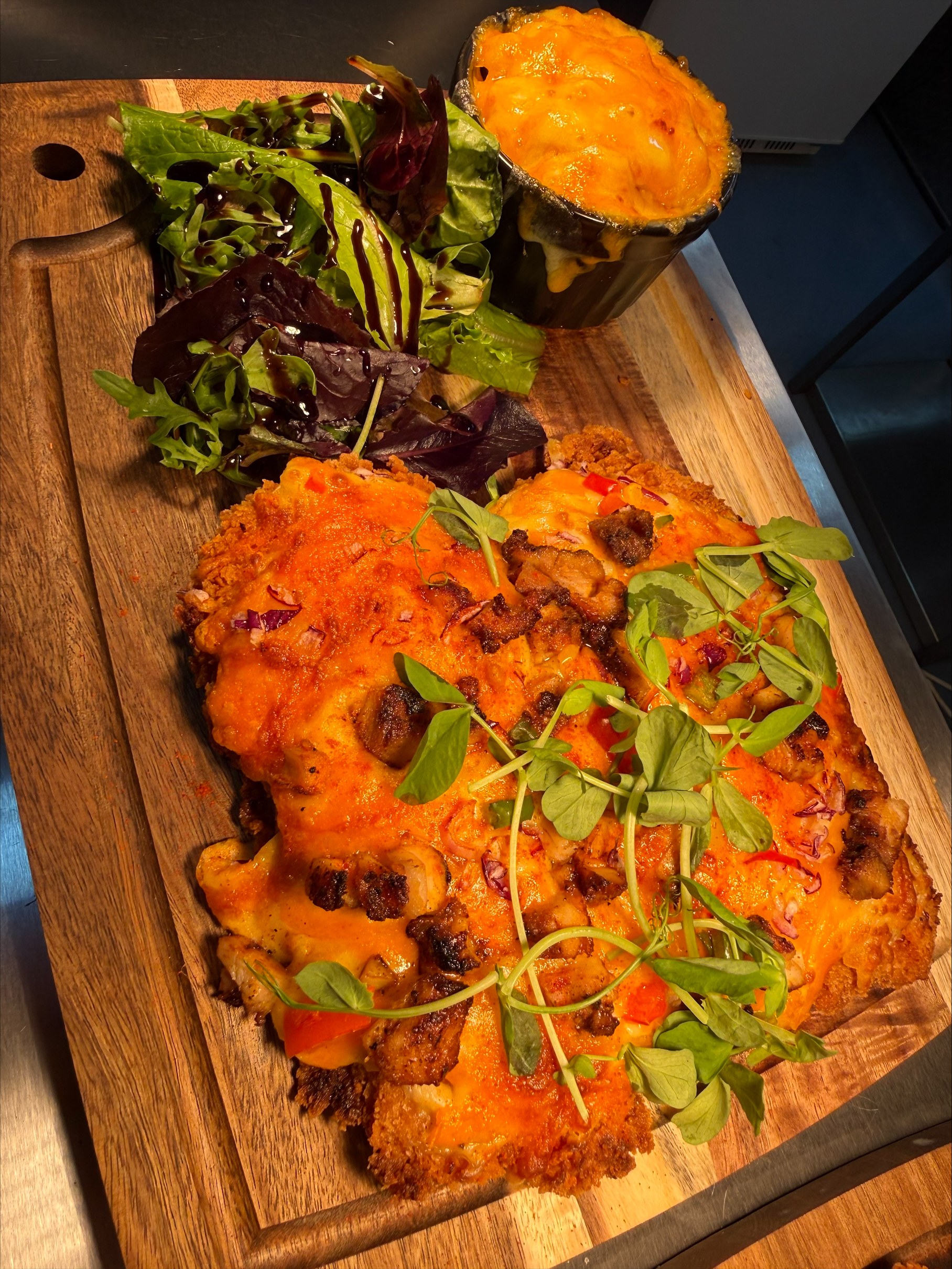 Large parmo with mac cheese and salad