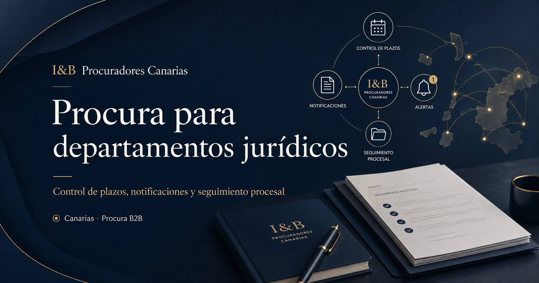 Procura para departamentos jurídicos en Canarias: control de plazos, notificaciones, seguimiento procesal y coordinación territorial de I&B Procuradores.