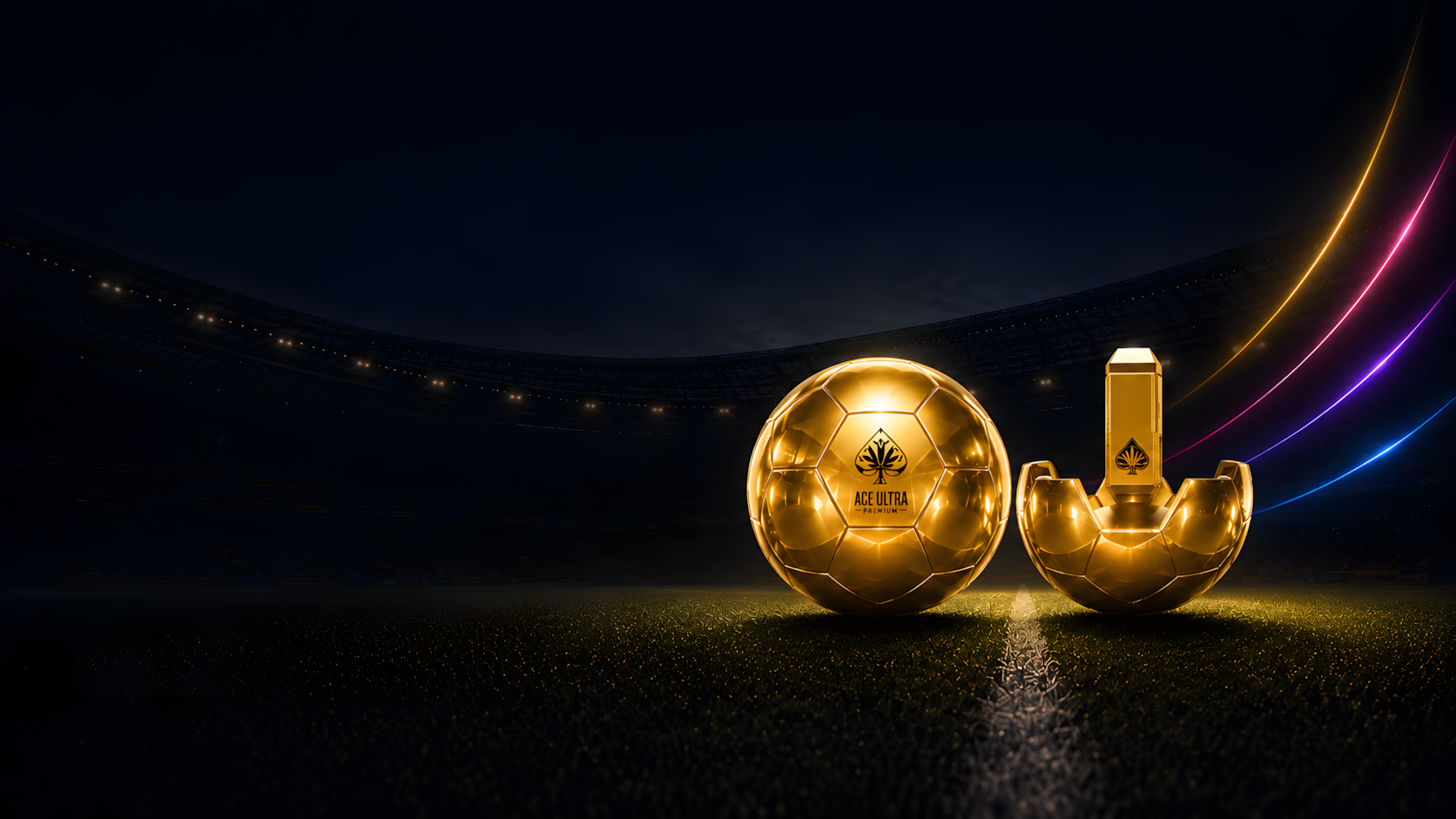 Mini 2G Gen 6 gold collector's edition with ACE ULTRA PREMIUM soccer ball display stand on a stadium field