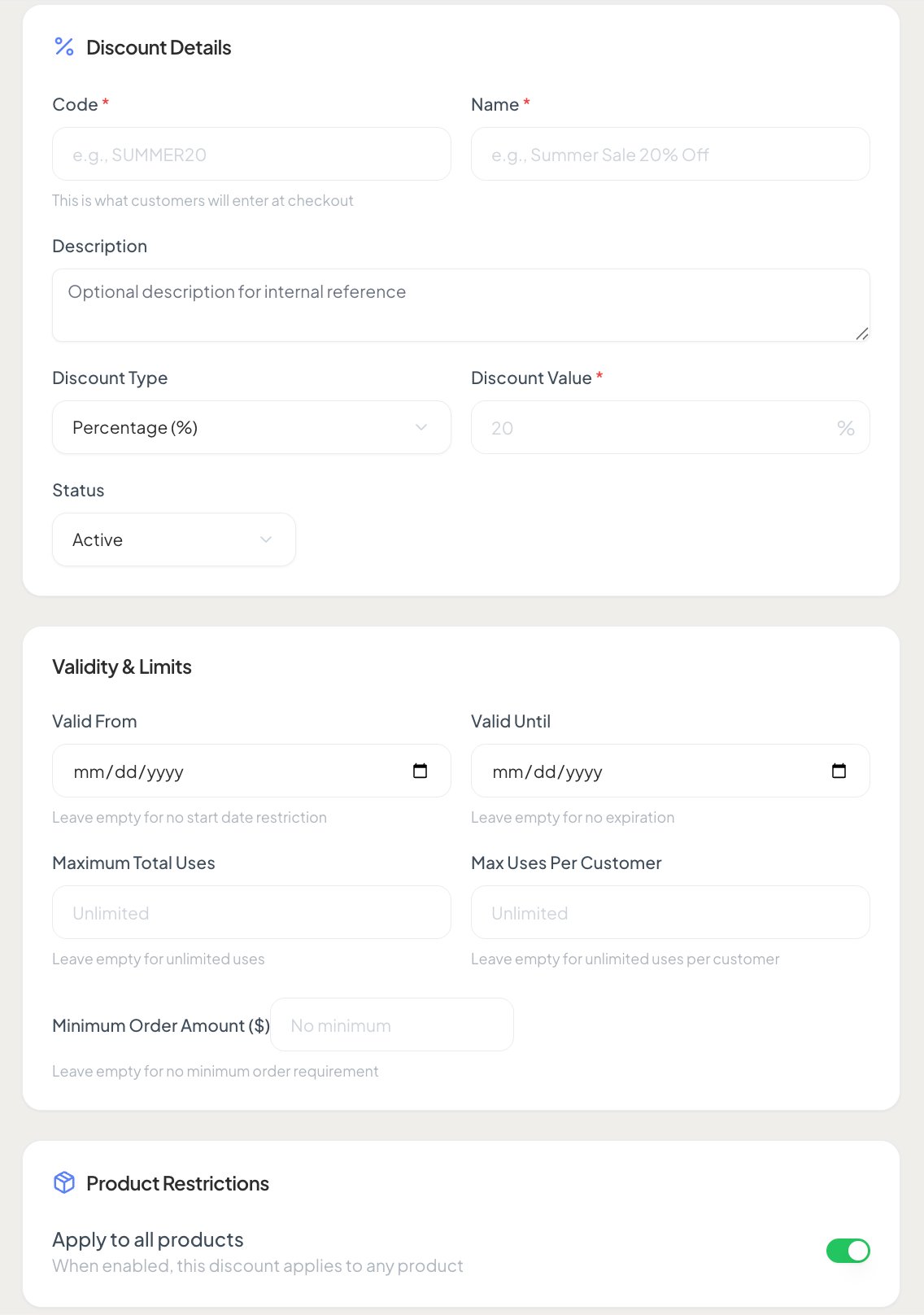Create discount form showing Discount Details and Validity and Limits sections