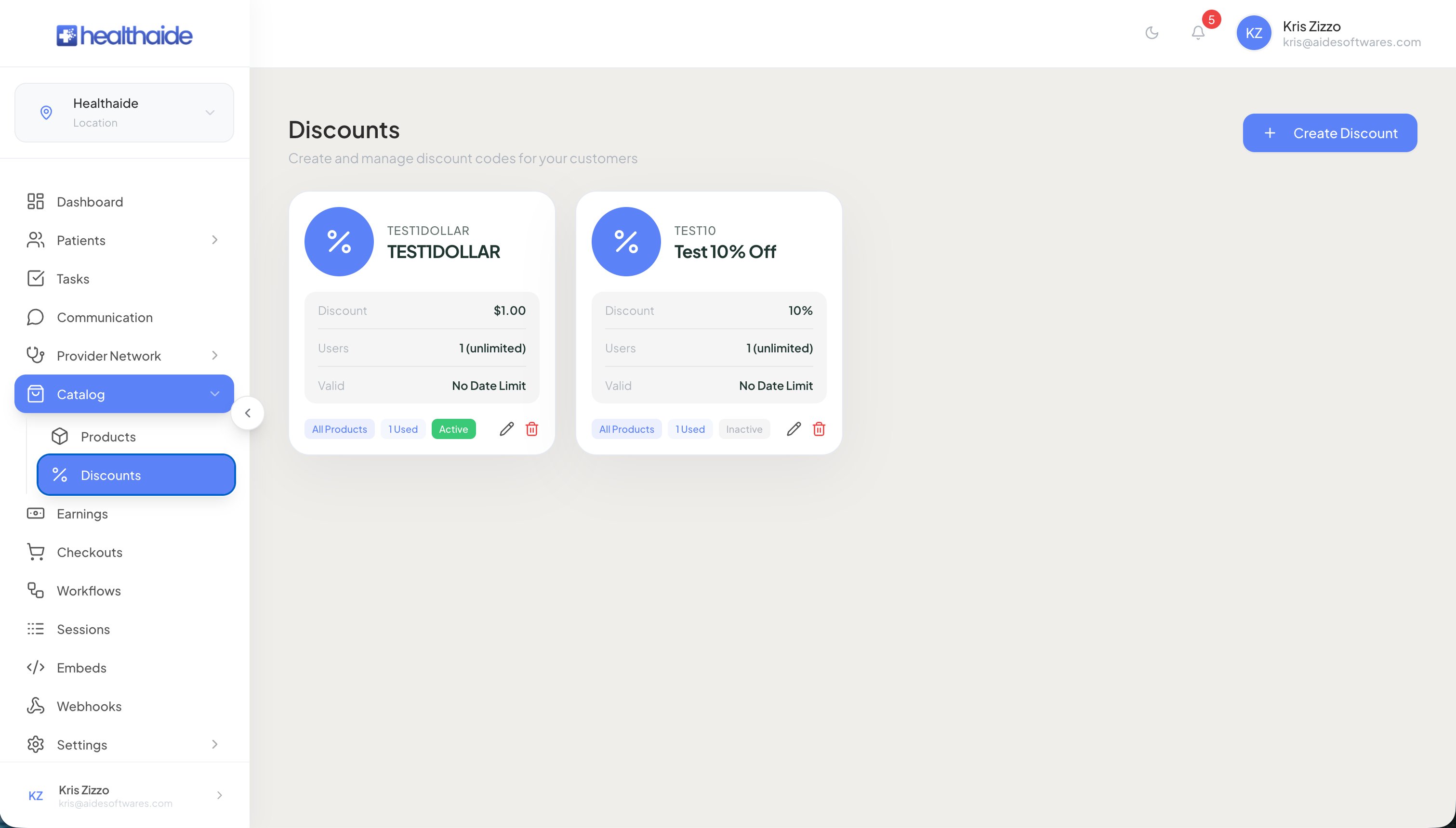Discounts page showing two existing discount cards with active and inactive status chips