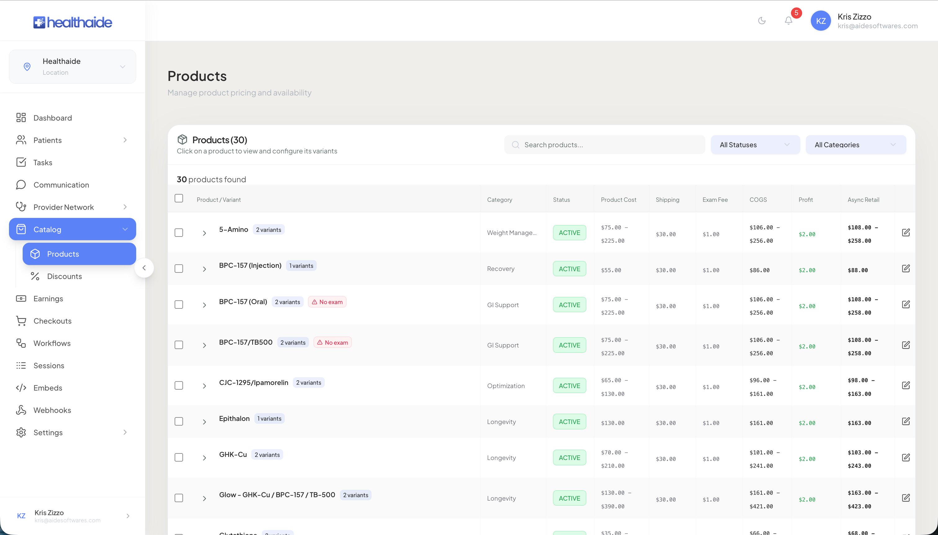 Products table showing 30 products with cost, shipping, exam fee, COGS, profit and retail columns