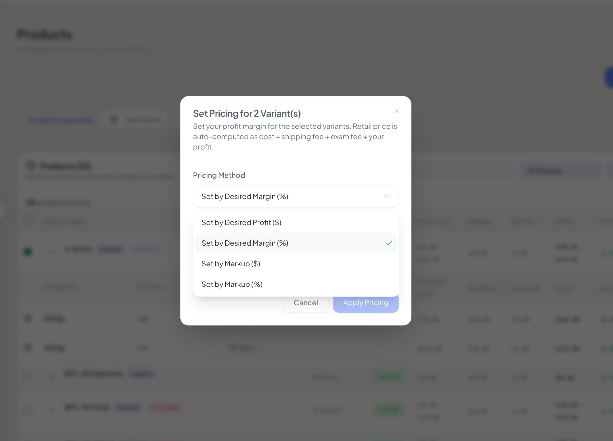 Set Pricing modal with Pricing Method dropdown open showing four calculation methods