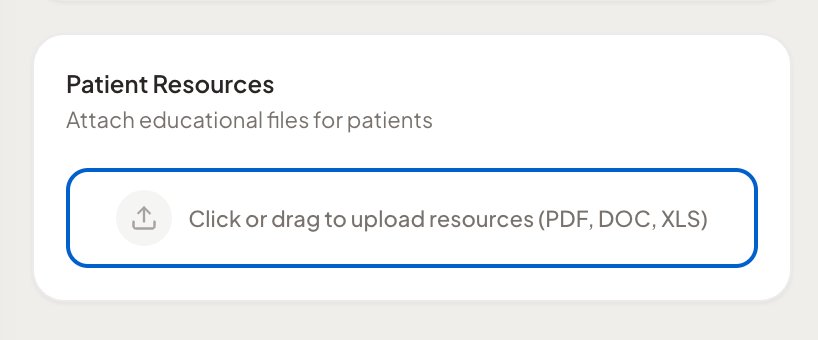 Patient Resources card with a drag-and-drop upload zone for PDF, DOC, and XLS files