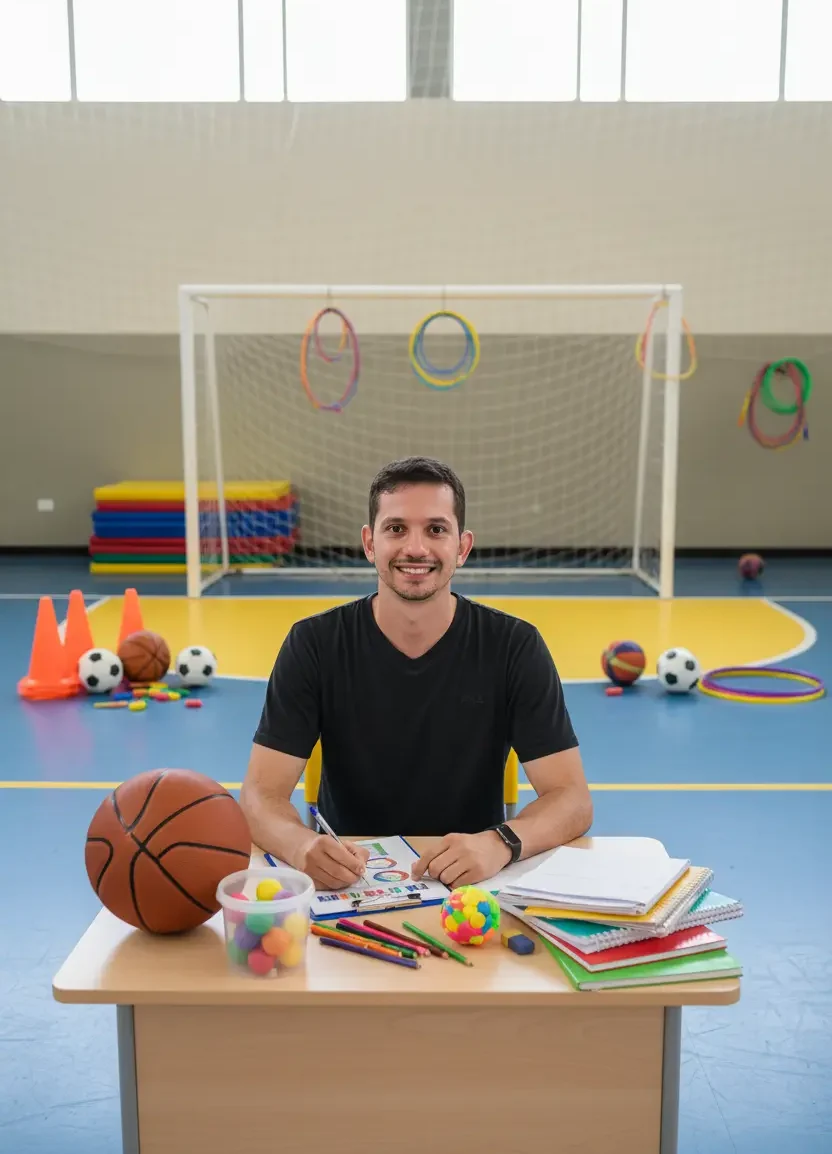 Professor de educação física sentado em mesa com materiais esportivos e cadernos, ao fundo uma quadra