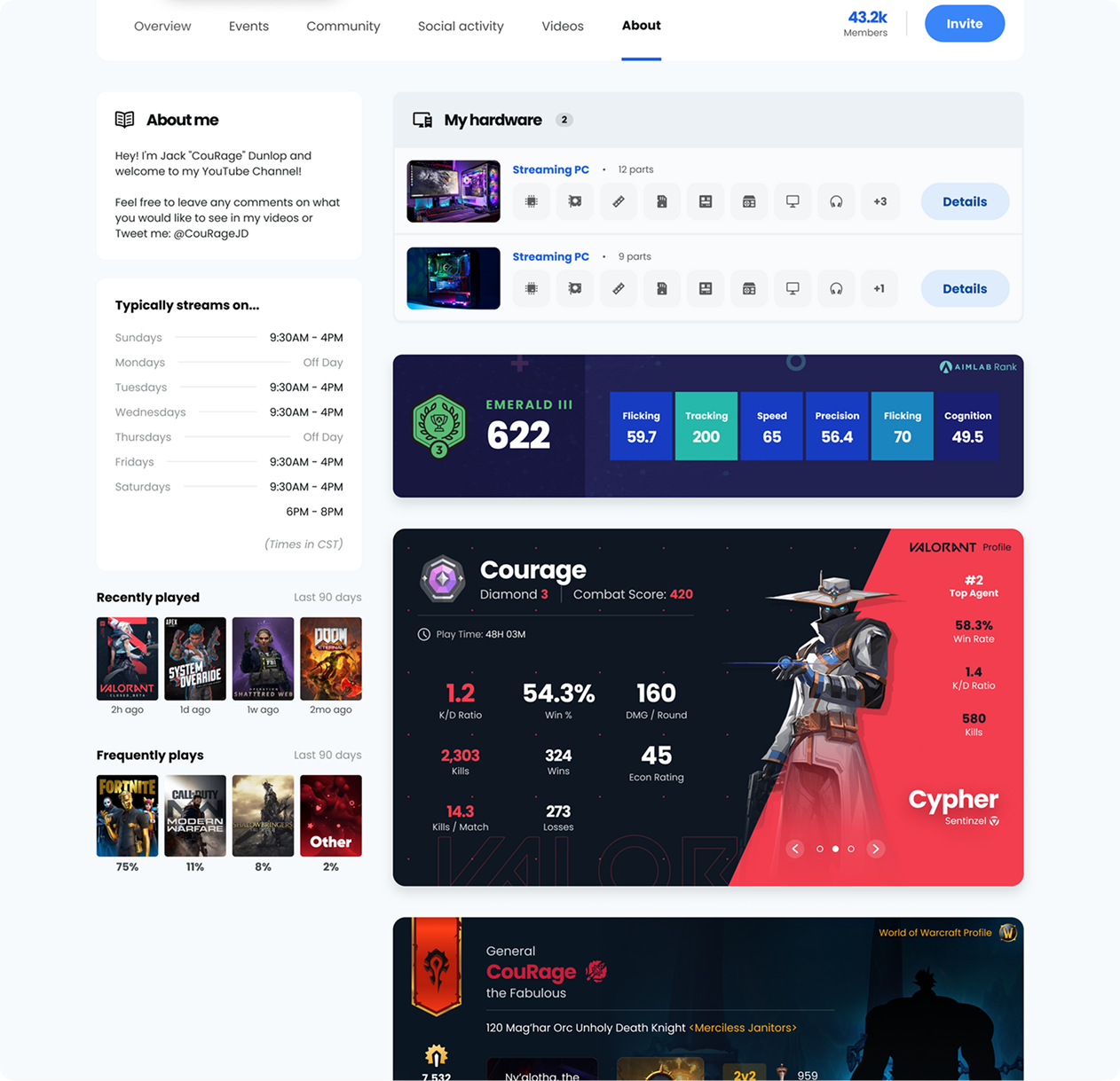 Creator profile About page with hardware specs, streaming schedule, gaming stats, and game history