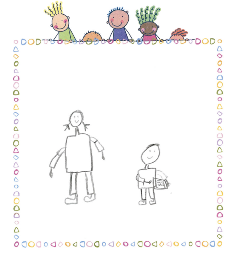 A young child’s crayon drawing of two stick figures, framed by a colourful patterned border with cartoon children peeking over the top