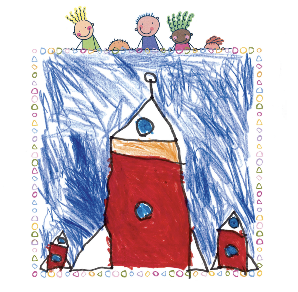 A young child’s crayon drawing of a red house under a blue sky, framed by a colourful patterned border with cartoon children peeking over the top