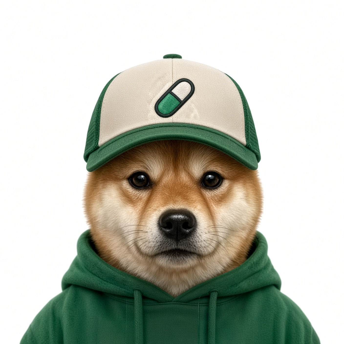 Pumpinu, a Shiba Inu wearing a green hoodie and cap