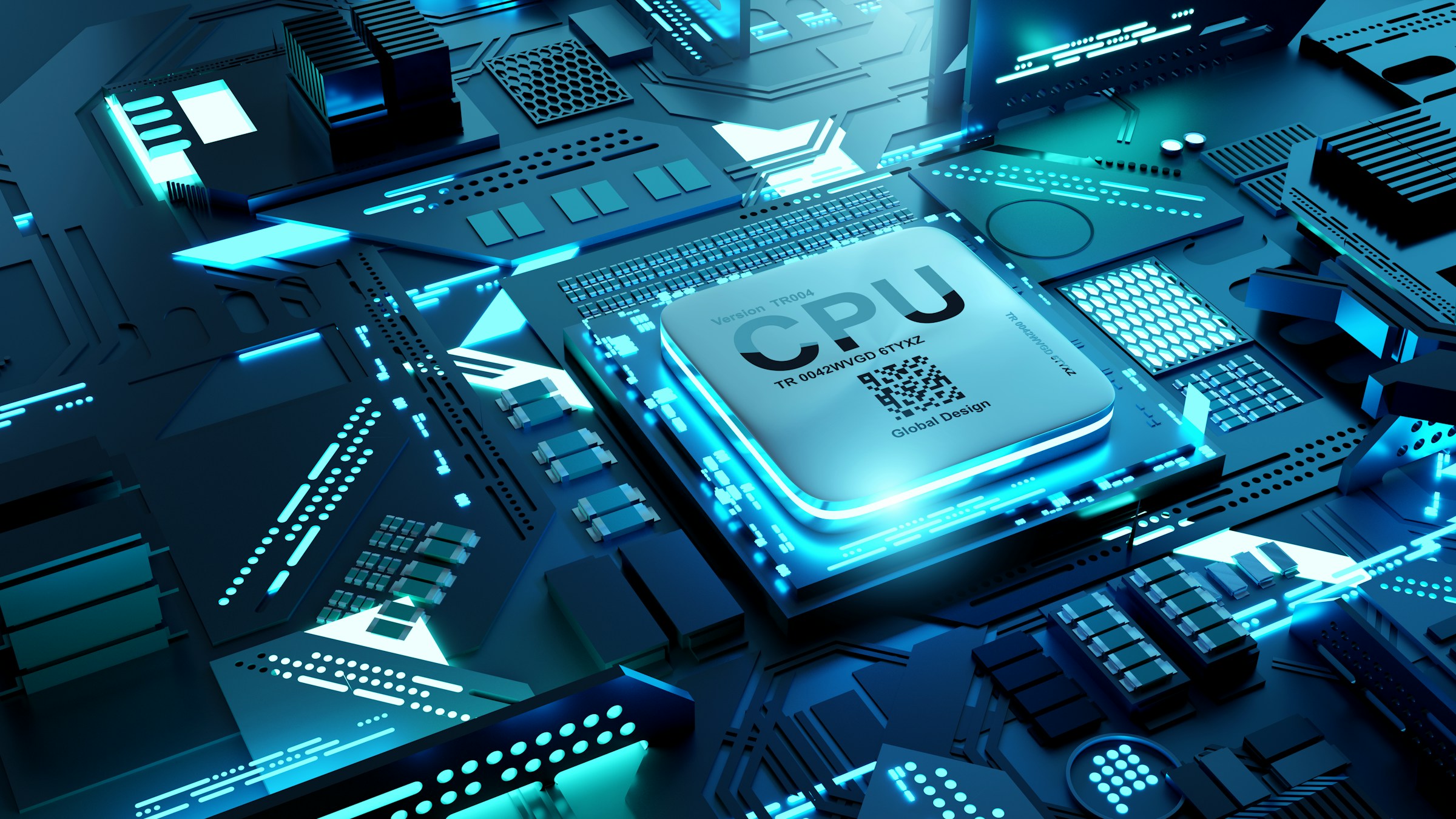 Futuristic CPU processor with cyan LED lighting on circuit board