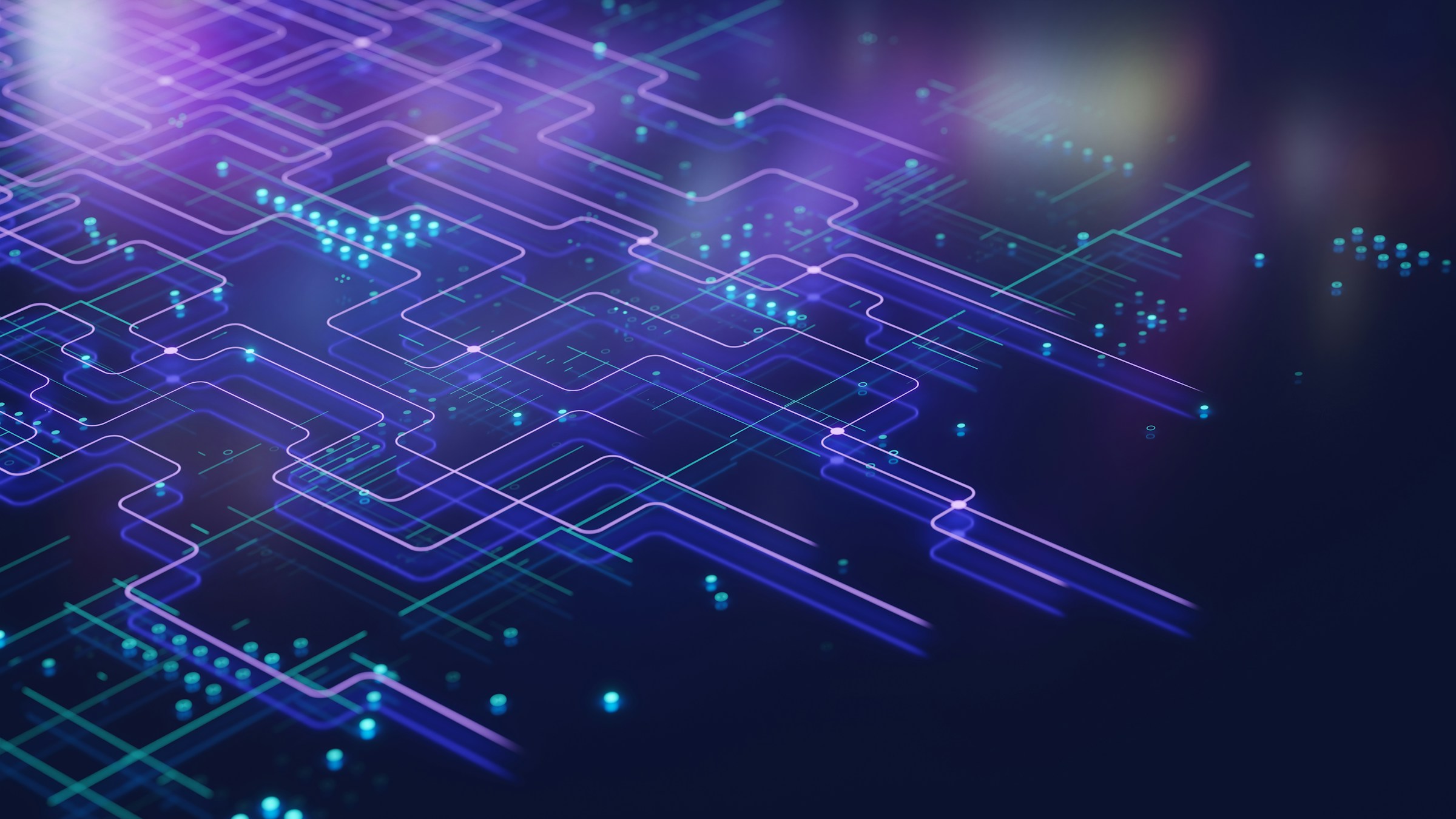 Abstract purple and blue circuit board pattern with glowing nodes