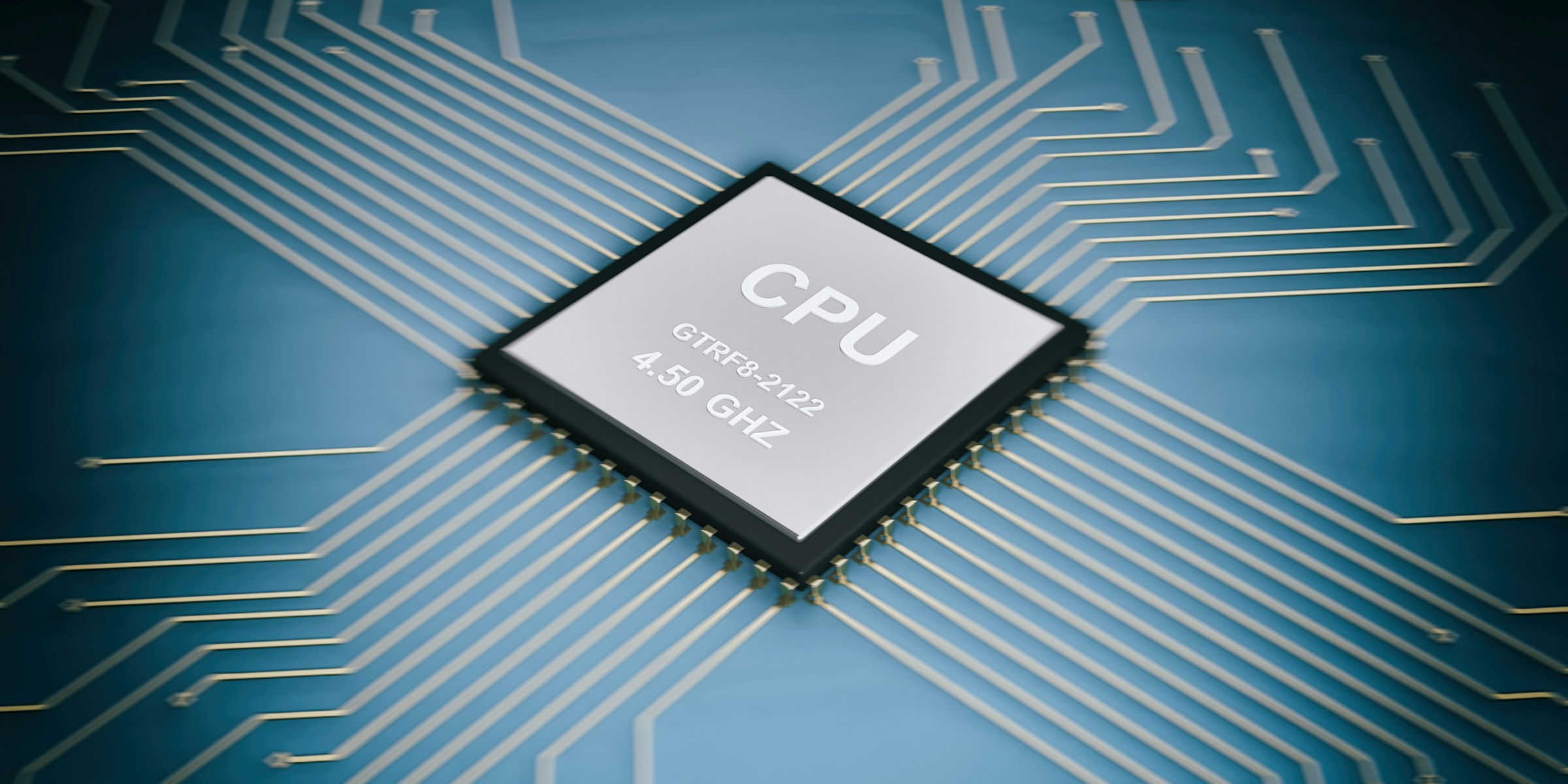 Clean 3D render of CPU chip on blue circuit board with golden traces