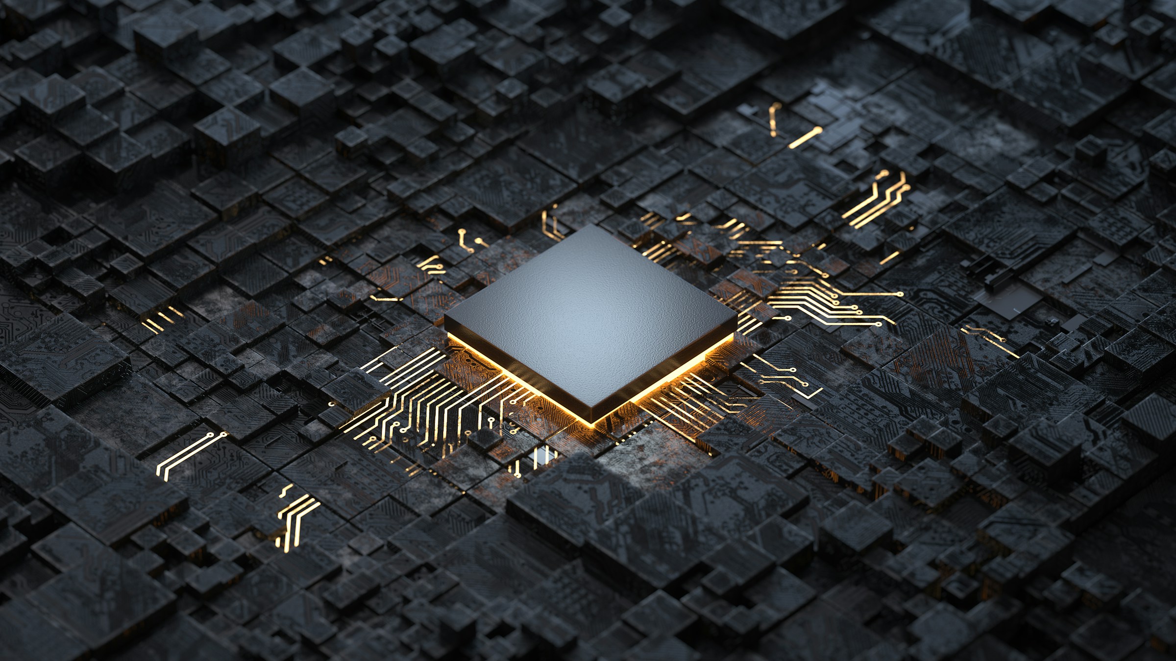 Dark moody 3D render of processor chip with golden circuit traces
