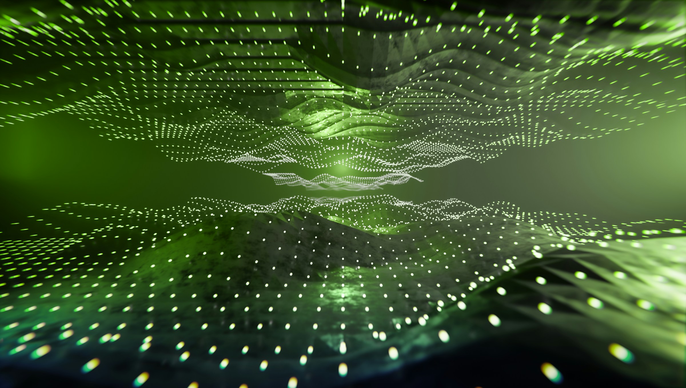 Green abstract digital wave visualization with flowing data points