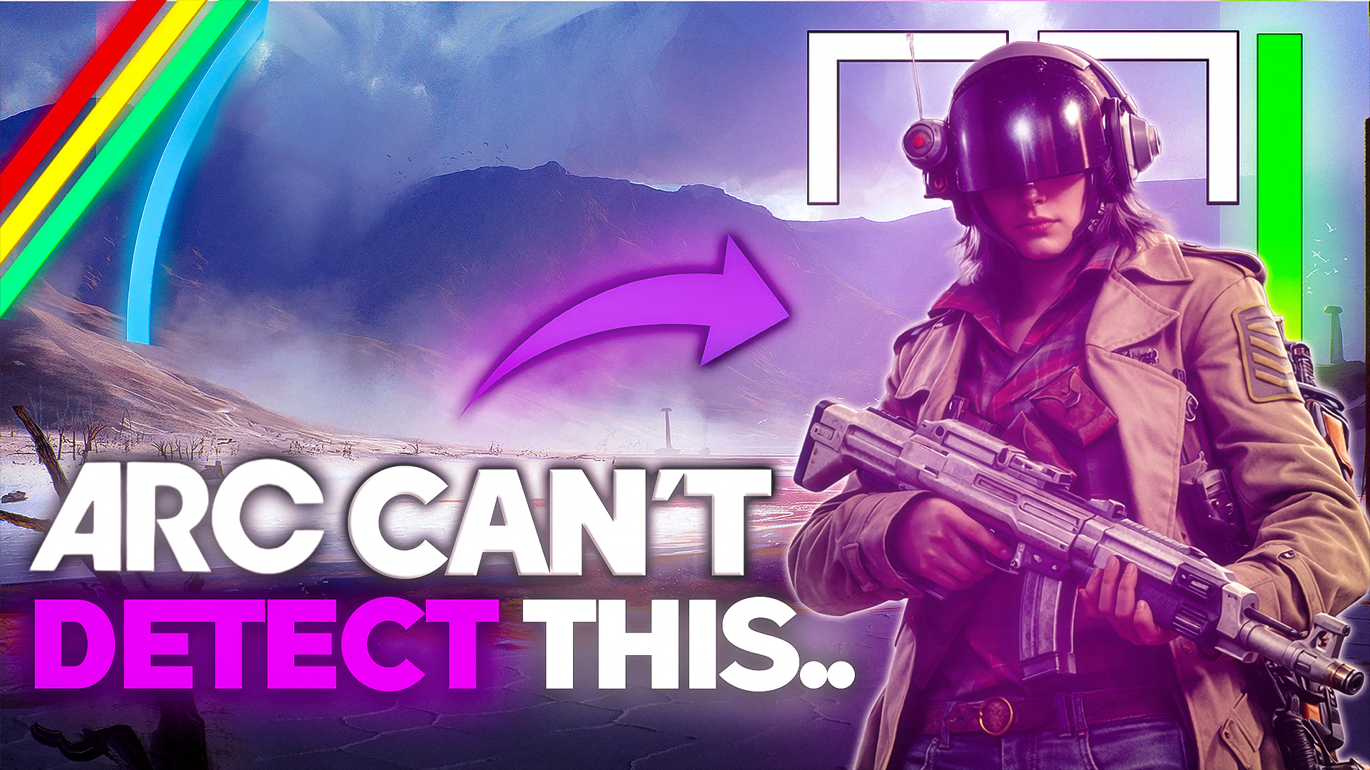 ARC Raiders thumbnail featuring a helmeted character against a mountainous landscape, with purple typography and a curved purple arrow.