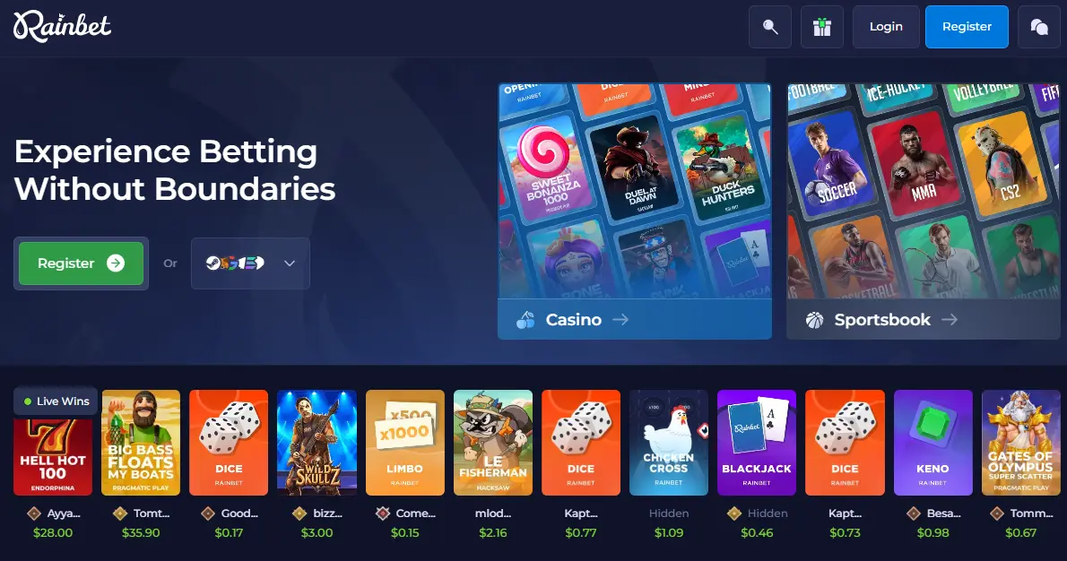Rainbet Casino interface showing games, sportsbook, and live wins