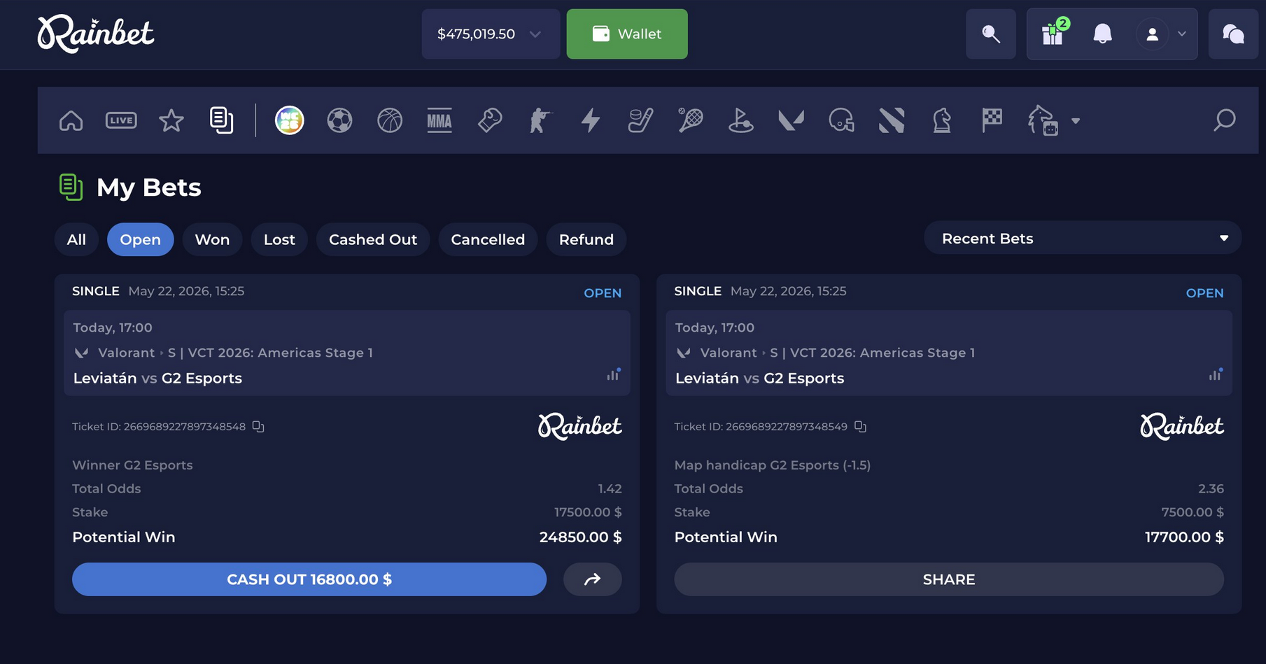 Rainbet sportsbook interface showing live betting with esports and sports markets