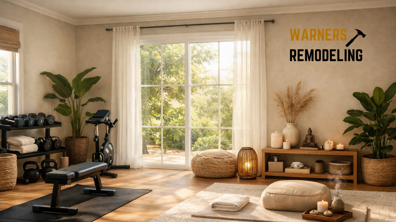 Sunlit home wellness room with exercise equipment on one side and a calm meditation area with cushions and candles on the other