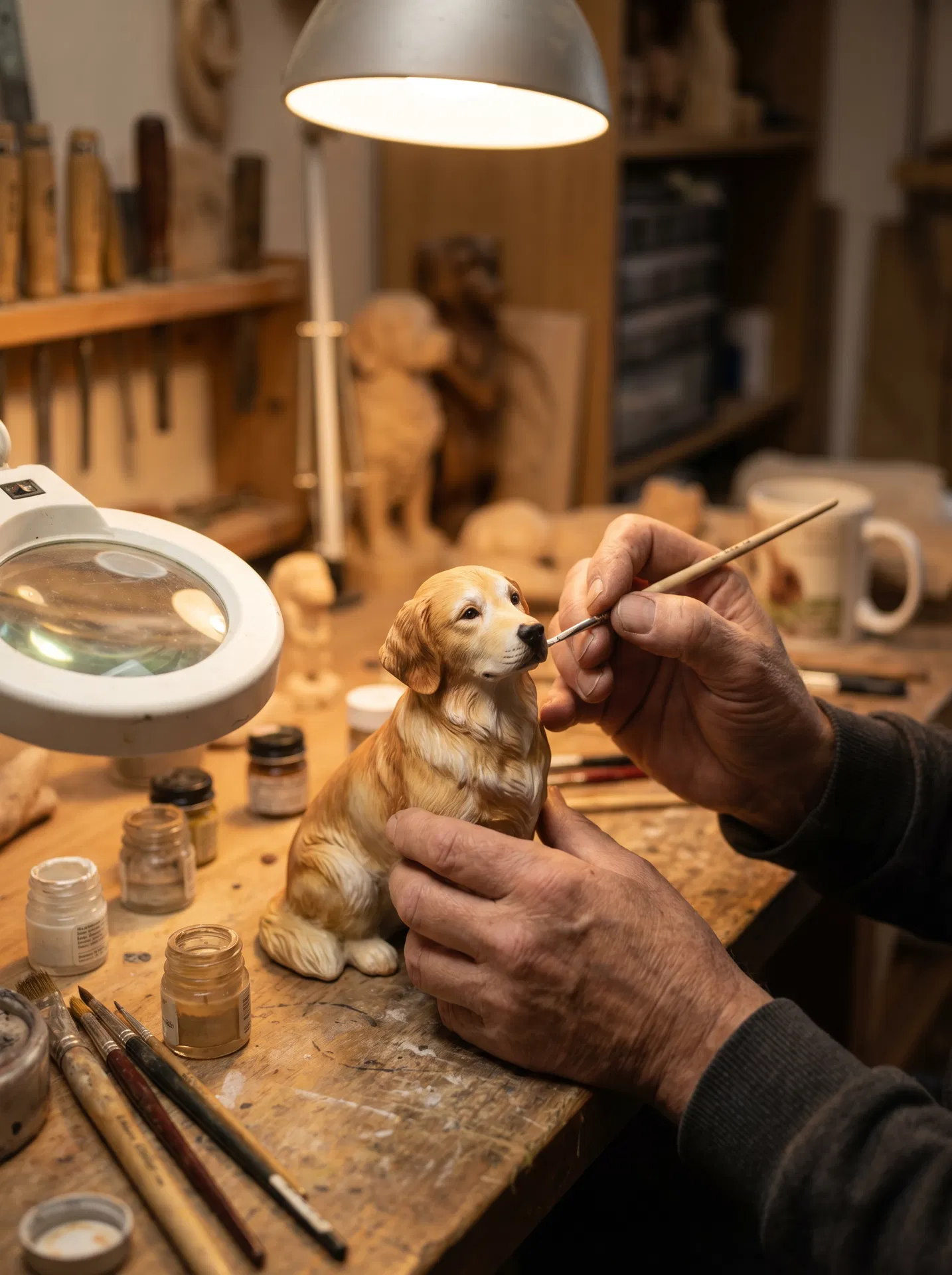 職人がフィギュアに手作業で色付けをしている様子