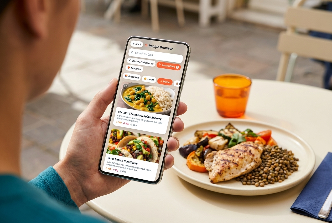 A hand holding a recipe browsing phone above a plated meal