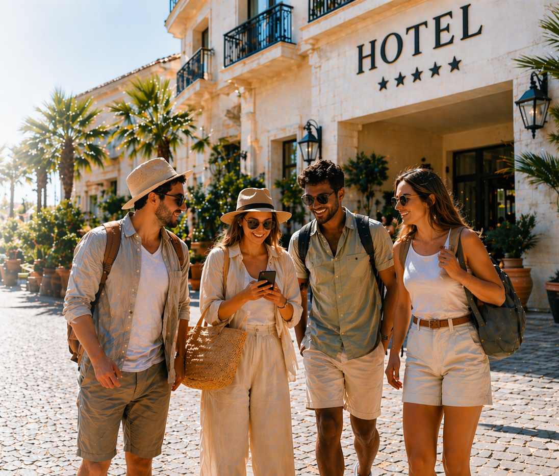 Travelers leaving hotel with smartphones planning activities