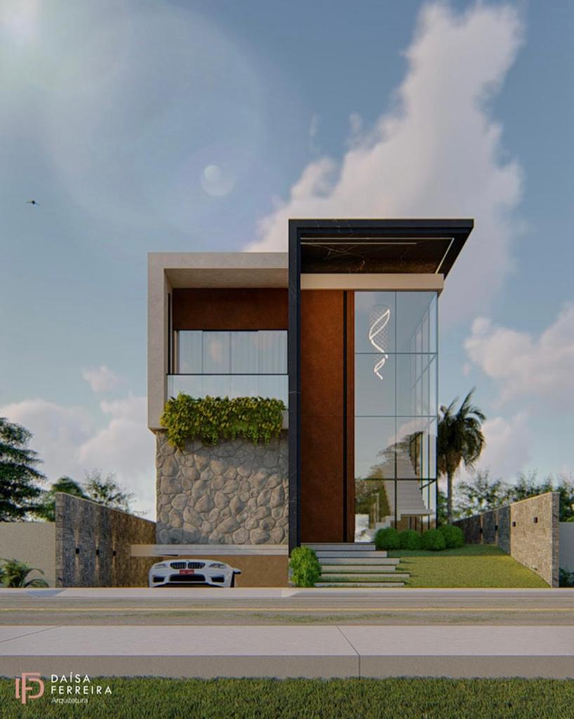 Projeto arquitetônico moderno com fachada de vidro e pedra
