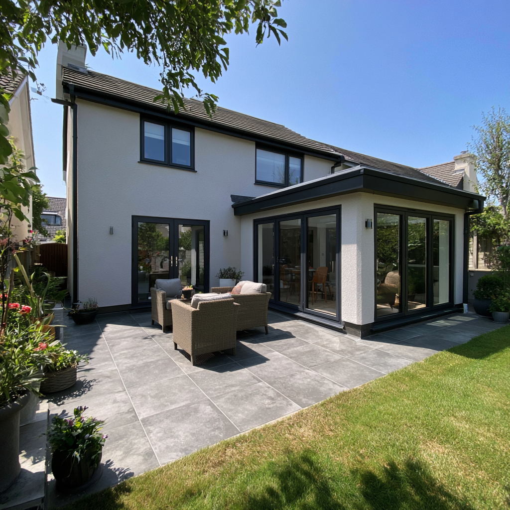 Rendered wrap-around single-storey extension in Hertfordshire