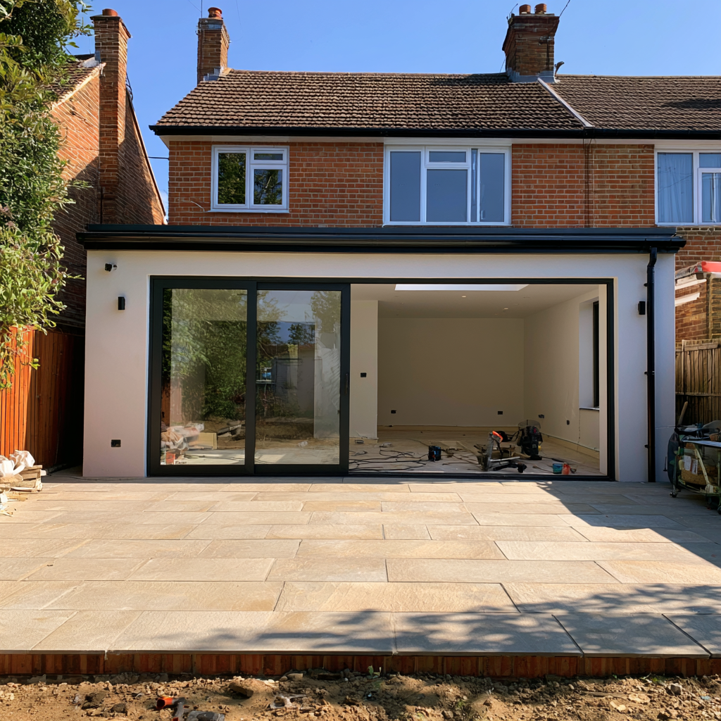 Rendered extension with sliding doors and skylight in Hertfordshire