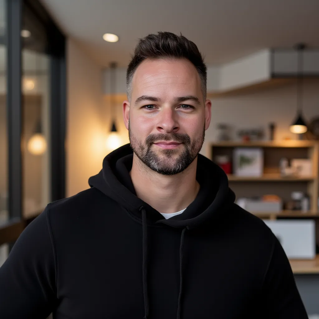 Professional headshot of a person in a black hoodie